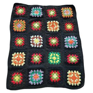Vtg Granny Square Afghan Roseanne Crochet Black Multi Color Lap Blanket 32x25"